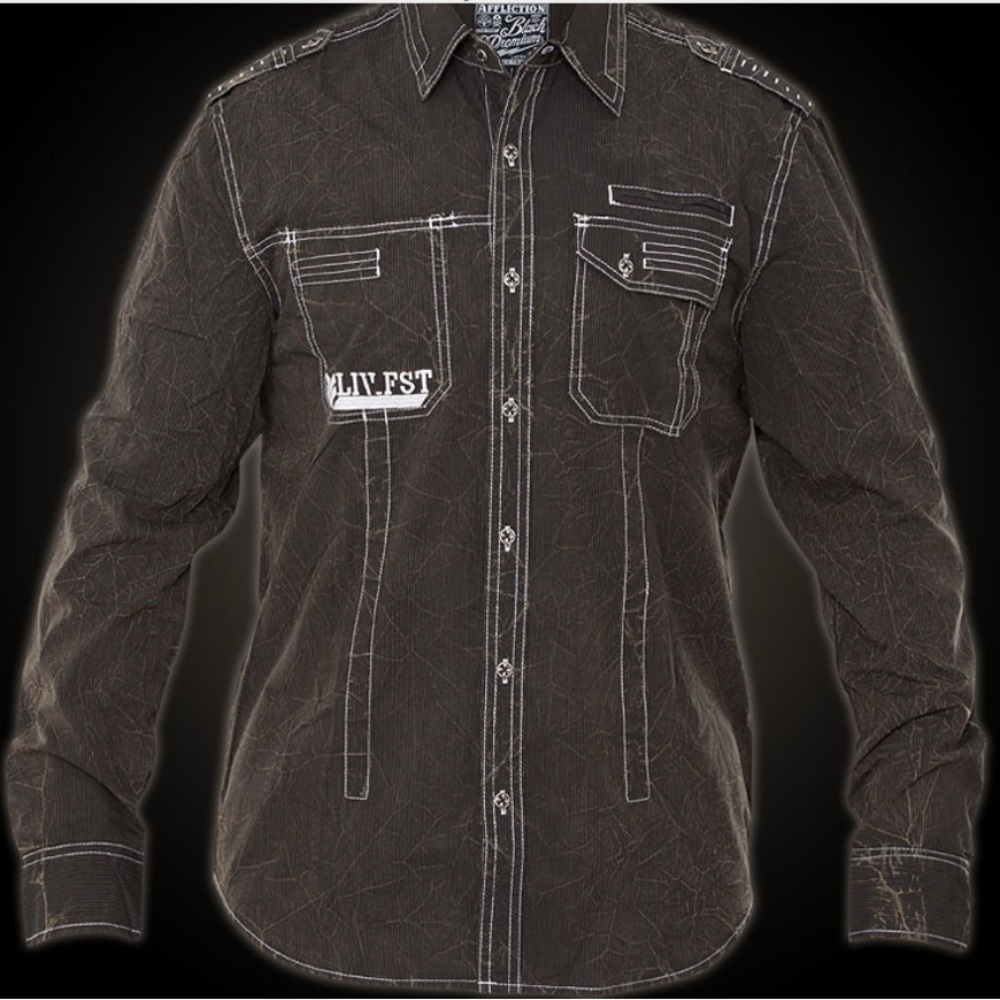 Men’s Affliction Button Down Brown Long Sleeve Shirt Size Large